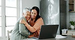 Home, mother and woman with laptop for finance, track expenses and success for budget goals. Hug, senior mom and adult daughter with insurance review for retirement, investment savings and mortgage