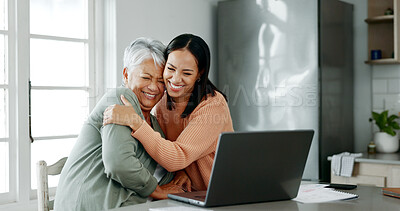 Buy stock photo Home, mother and woman with laptop for finance, track expenses and success for budget goals. Hug, senior mom and adult daughter with insurance review for retirement, investment savings and mortgage