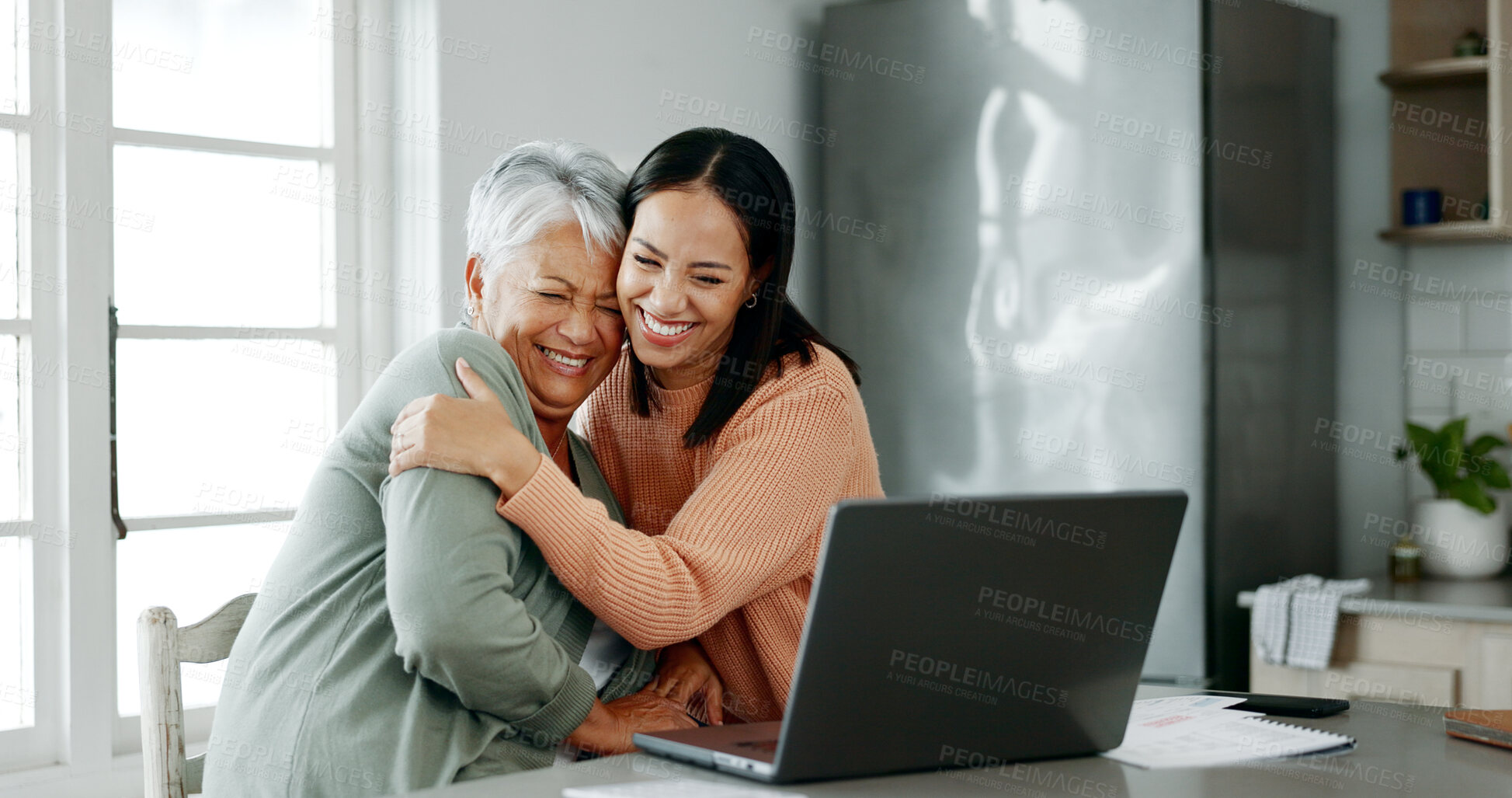 Buy stock photo Home, mother and woman with laptop for finance, track expenses and success for budget goals. Hug, senior mom and adult daughter with insurance review for retirement, investment savings and mortgage