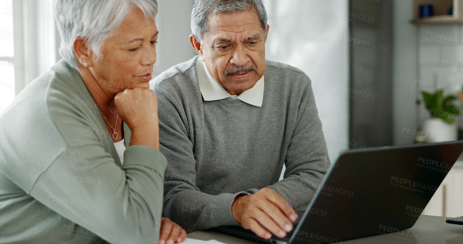 Buy stock photo Senior couple, laptop and finance with budget for retirement or pension fund at home. Mature, elderly man and woman with computer for utility bills, mortgage expenses or online payment at house