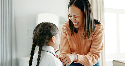 Buy stock photo Mother, girl and dressing for school, help and support with tie, clothes and preparation in living room. Woman, child and teaching daughter for love, care and development in house with campus uniform