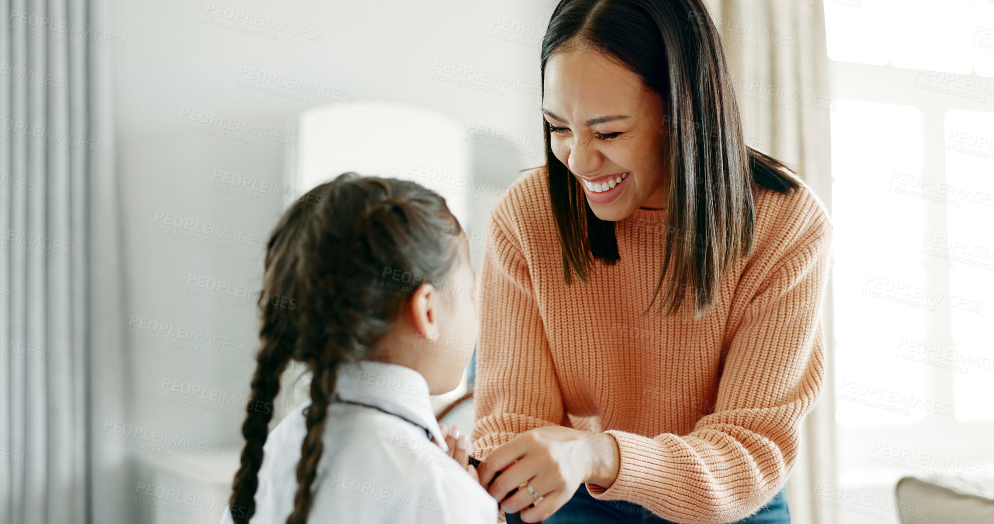 Buy stock photo Mother, girl and dressing for school, help and support with tie, clothes and preparation in living room. Woman, child and teaching daughter for love, care and development in house with campus uniform