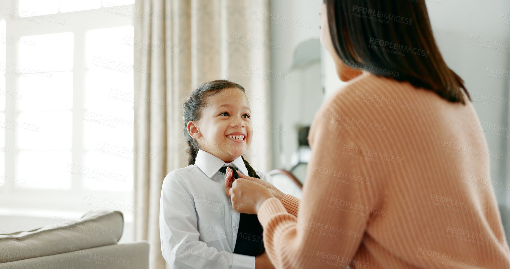 Buy stock photo School, dressing and mom with girl in home getting ready for education, learning and classes. Family, morning routine and happy mother with child prepare with tie, uniform and clothes for academy