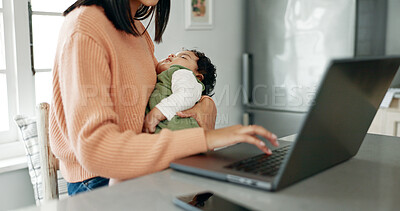 Buy stock photo Laptop, typing and mom with baby in kitchen sleeping for freelance writer, research and time management. Balance, woman and child in home with computer for online project, childcare or remote work