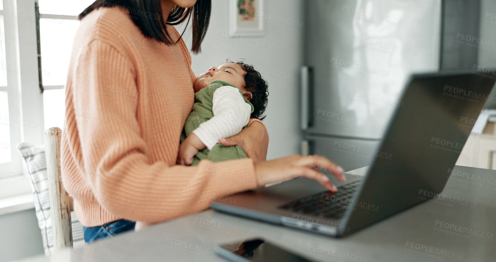 Buy stock photo Laptop, typing and mom with baby in kitchen sleeping for freelance writer, research and time management. Balance, woman and child in home with computer for online project, childcare or remote work