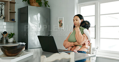 Buy stock photo Woman, laptop and baby with remote work, reading and multitasking with care, sleeping and bonding. Mother, infant child and computer for freelance job with creativity, thinking or review for project