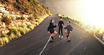 Fitness, friends and warm up on road for exercise, training and running preparation. People, jog on the spot and cardio on mountain asphalt for wellness, coaching and muscle development in challenge