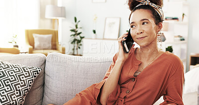 Buy stock photo Happy woman, sofa and talking with phone call for conversation, discussion or chat at home. Young, female person or user listening or speaking with mobile smartphone for online communication at house