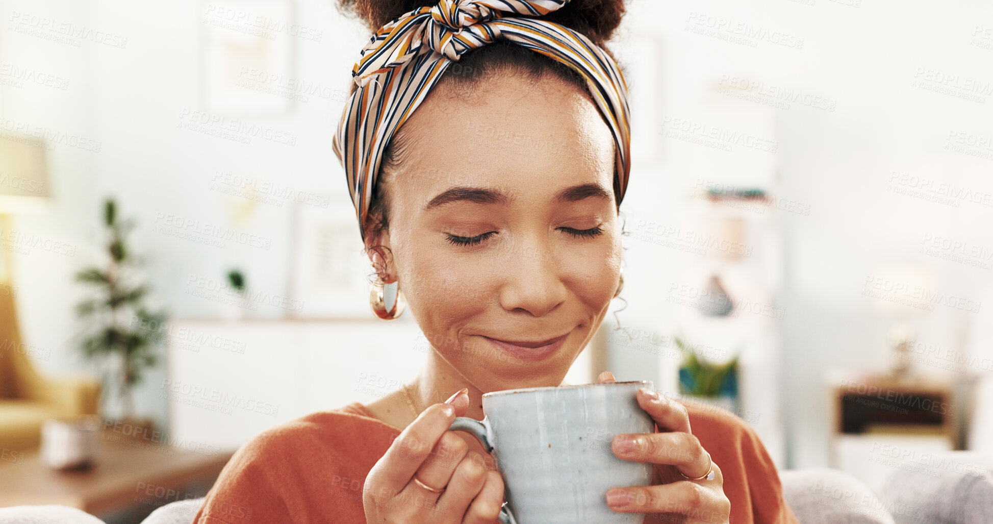 Buy stock photo Happy woman, coffee and relax with drink on sofa for aroma, beverage or morning at home. Young, face and female person with smile, mug or cup for caffeine, cappuccino or latte smell on couch at house