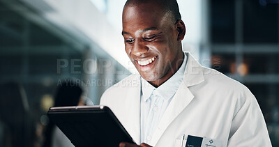 Buy stock photo Black man, doctor and tablet with smile, night or reading with report, results and thinking at hospital. Person, medic and app with digital touchscreen for review, feedback or research for healthcare