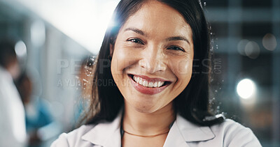 Buy stock photo Healthcare, doctor and expert with portrait of woman at expo for medical innovation, smile and breakthrough. Medicine, night and pharmacy discovery with person for mpox treatment and vaccine growth