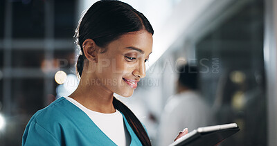 Buy stock photo Woman, nurse and tablet in hospital at night for Telehealth, medical test results and healthcare research of diagnosis. Smile, person and digital for surgery information, review schedule and overtime