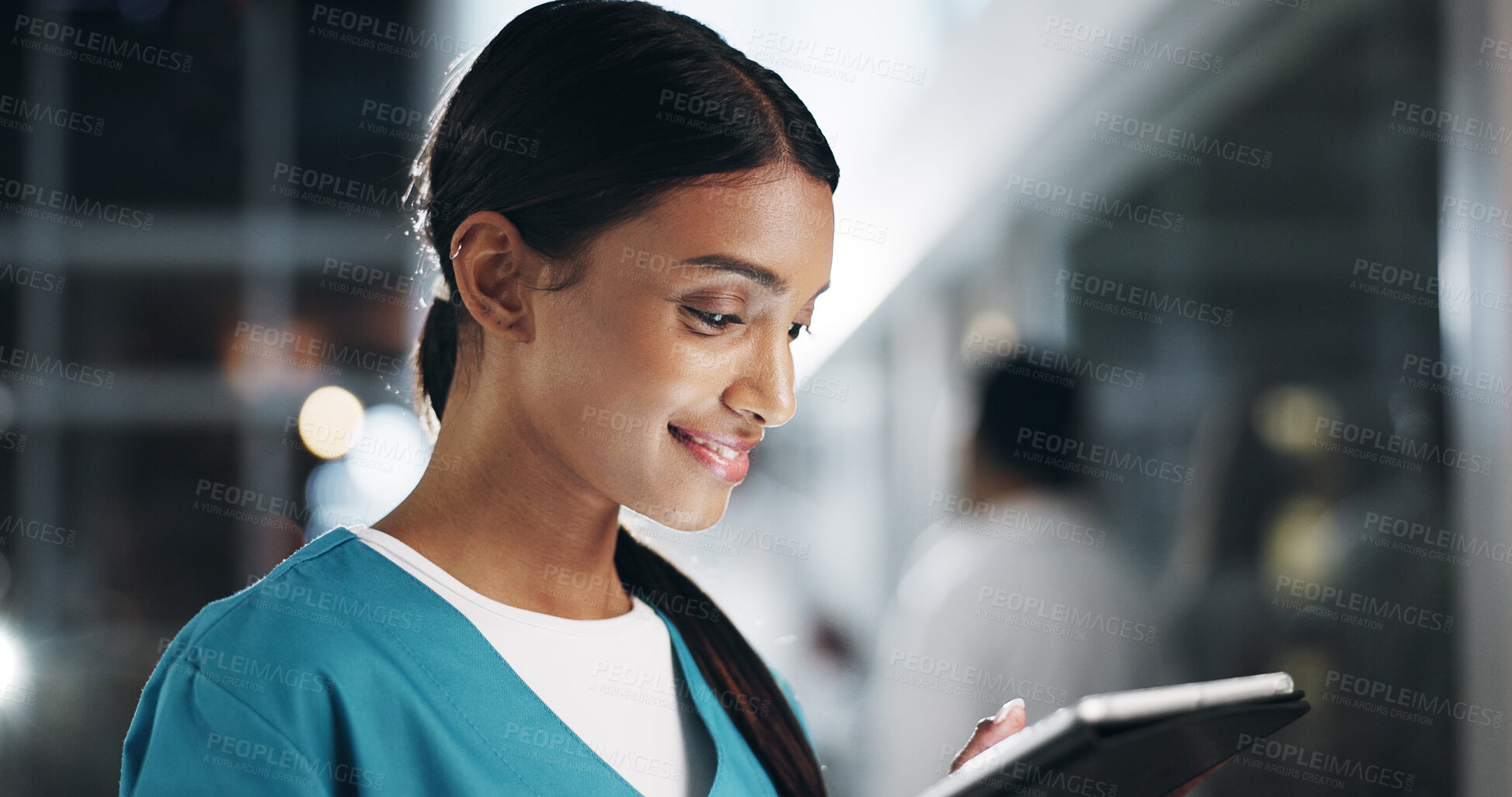 Buy stock photo Woman, nurse and tablet in hospital at night for Telehealth, medical test results and healthcare research of diagnosis. Smile, person and digital for surgery information, review schedule and overtime