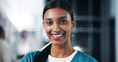 Buy stock photo Healthcare, nurse and smile with portrait of woman at expo for medical innovation, expert and breakthrough. Medicine, night and pharmacy discovery with person for mpox treatment and vaccine growth