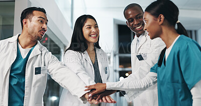 Buy stock photo Healthcare, team and hands together in hospital for support, excited and ready for surgery. Doctors, nurses and circle in lobby for job excellence, collaboration or diversity in community for synergy