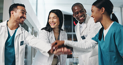 Buy stock photo Healthcare, doctors and hands together in hospital for support, excited and ready for surgery. Team, nurse and circle in lobby for job excellence, collaboration or diversity in community for synergy