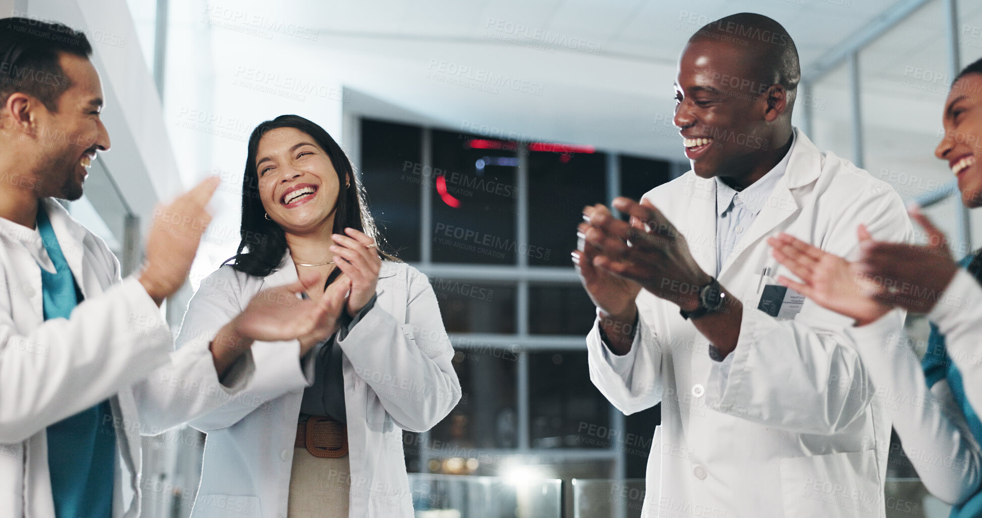 Buy stock photo Healthcare, team and applause in hospital for success, medical breakthrough and excited for achievement. Doctors, nurses and celebration in lobby for job excellence, collaboration and announcement