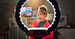 Happy woman, portrait and influencer with ring light for video recording, online tutorial or communication at home. Young, female person or vlogger in POV with makeup for tips, advice or vlogging