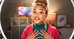 Happy woman, portrait and influencer with ring light for vlogging, online tutorial or communication at home. Young, female person or vlogger in POV with makeup for tips, advice or video recording