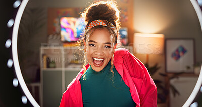Happy woman, portrait and influencer with ring light for online tutorial, content creation or vlogging at home. Young, female person or vlogger in POV or dance for tips, advice or video recording