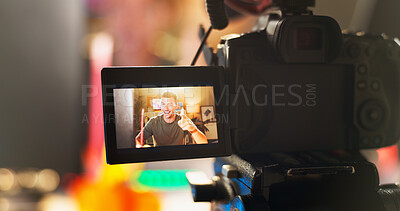 Buy stock photo Happy man, influencer and camera with screen for video recording, online streaming or content creation at home. Male person, vlogger or young streamer with equipment for live broadcast or podcast