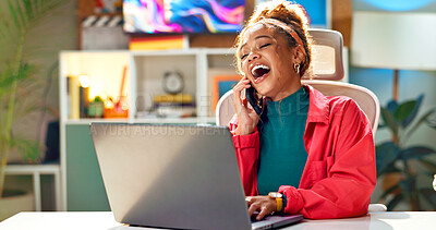 Buy stock photo Woman, laptop and happy for phone call in home office for digital agency, content creation and email. Social media manager, technology and laugh for mobile conversation, app and trendy funny video