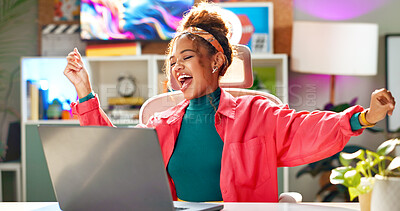 Buy stock photo Woman, laptop and happy with dance, home office and celebration with achievement in career. Girl, graphic designer and computer with goals, success and cheers for winning with smile at apartment