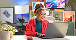 Woman, laptop and happy for business in home office for digital agency, content creation and email. Social media manager, technology and smile for influencer blog, communication or trendy funny video