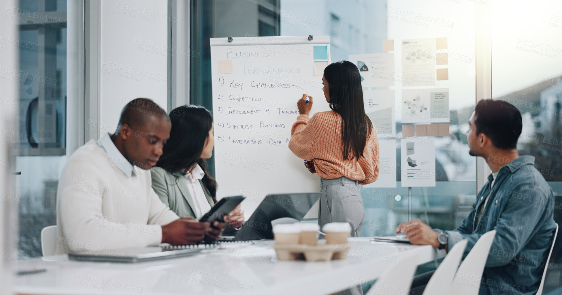 Buy stock photo Seminar, chart and team meeting in office, woman manager and talking to staff on performance. Business people, plan strategy and productivity improvement in boardroom, training and tech for notes