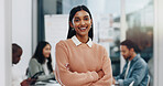 Happy, crossed arms and portrait of business woman in office with company pride, confidence and smile. Creative startup, professional and person in staff meeting for career, work and job internship