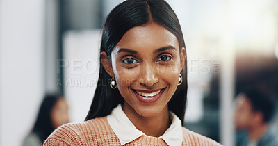 Buy stock photo Office, businesswoman and portrait with smile for meeting, productivity and positive attitude with pride. Boardroom, colleagues and designer with confidence for creative agency, startup and workplace