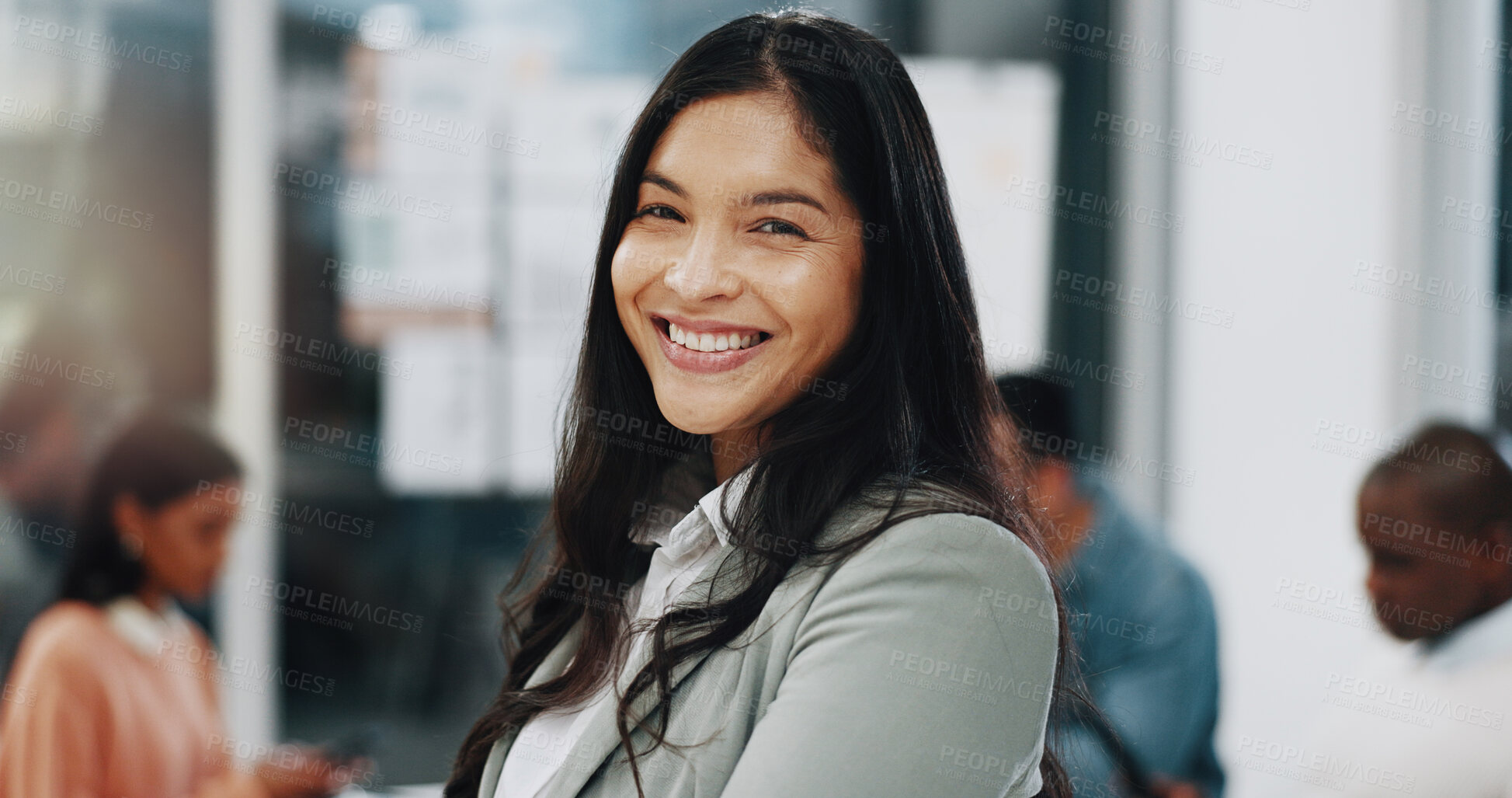 Buy stock photo Boardroom, businesswoman and portrait with smile for meeting, productivity and positive attitude with pride. Office, colleagues and designer with confidence for creative agency, startup and workplace