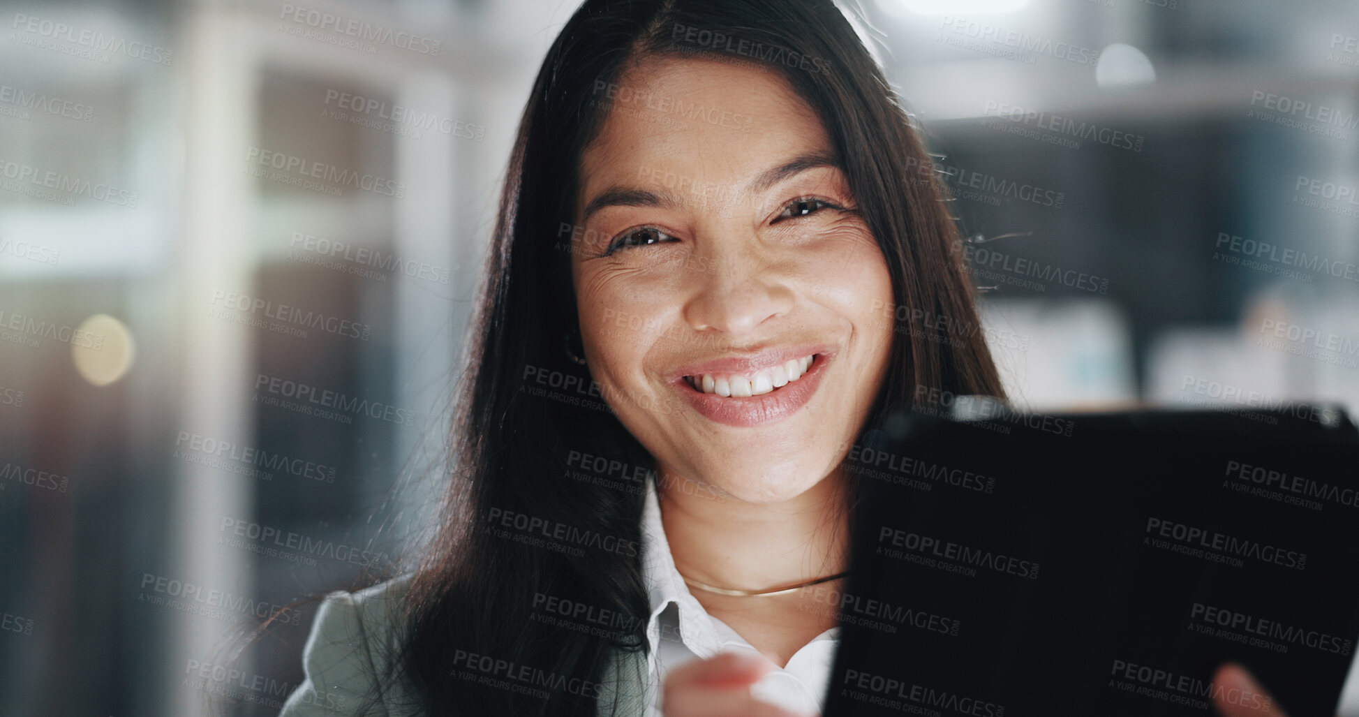 Buy stock photo Office, businesswoman and portrait with tablet for research, company info and productivity with technology. Boardroom, employee and web designer with digital for online page, software and scroll