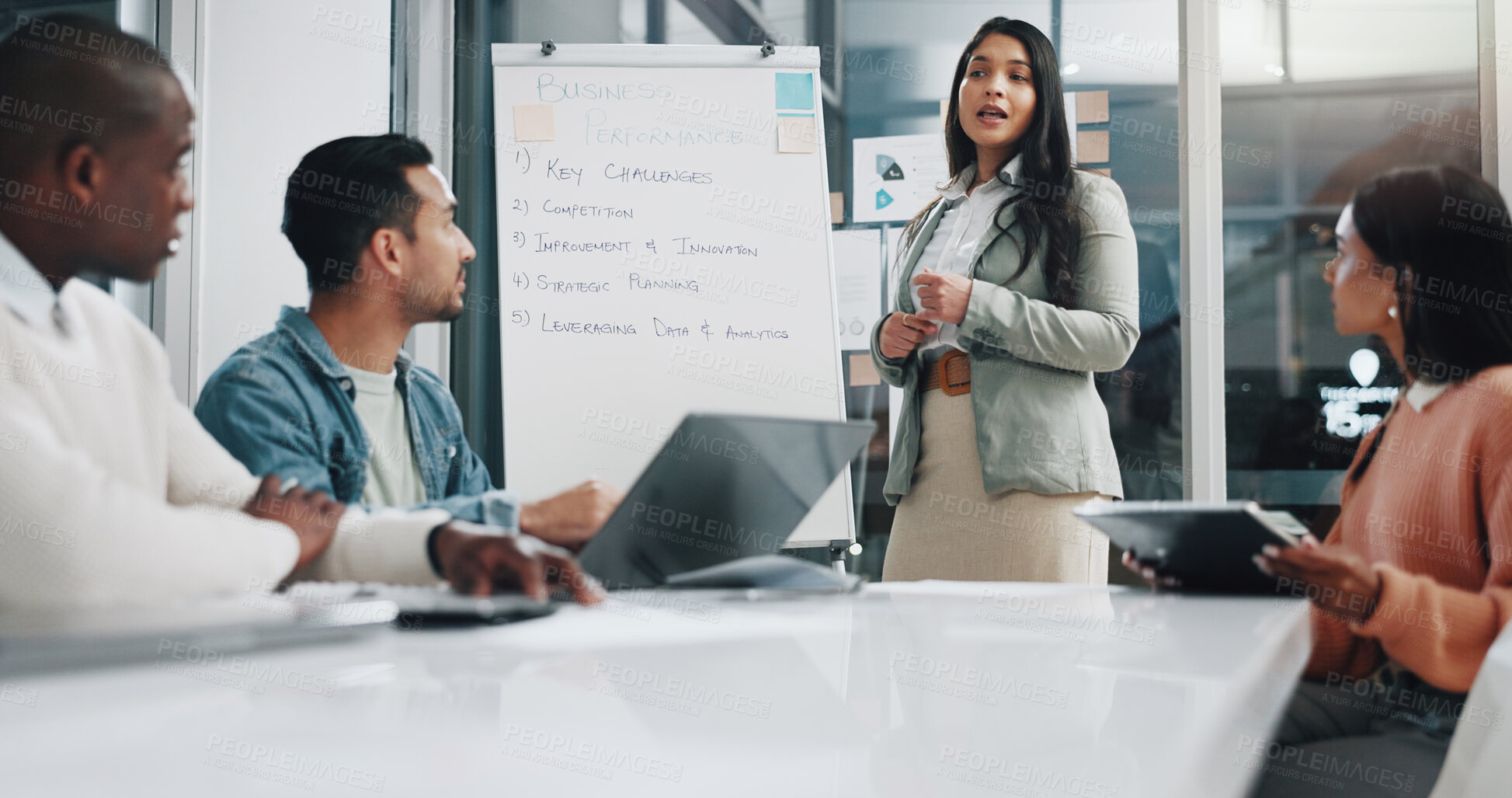 Buy stock photo Workshop, chart and team meeting in office, woman manager and talking to staff on performance. Business people, plan strategy and productivity improvement in boardroom, training and pitch ideas