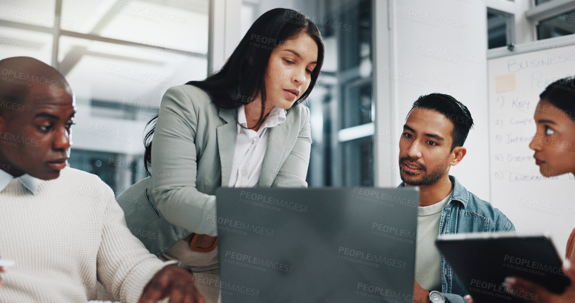 Buy stock photo Business people, laptop and brainstorming for collaboration, feedback and creative agency in office. Startup, planning and partnership in workplace for teamwork, strategy and proposal with diversity