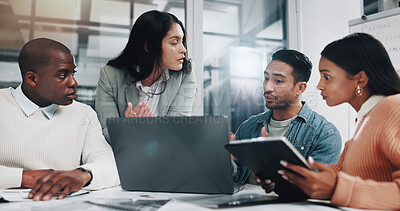 Buy stock photo Business people, laptop and discussion in office for collaboration, brainstorming and creative agency. Startup, planning and partnership in workplace for teamwork, strategy or proposal with diversity