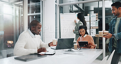 Buy stock photo Business people, meeting and night with coffee for team strategy, planning or project together at office. Group, employees and working late with caffeine for company mission, ideas or brainstorming