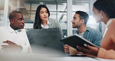 Buy stock photo Business people, laptop and planning in office for collaboration, discussion and creative agency. Startup, brainstorming and partnership in workplace for teamwork, strategy or proposal with diversity