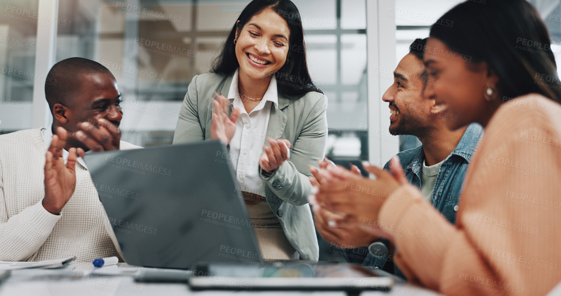 Buy stock photo Office, applause and business people on laptop for teamwork, collaboration and celebration. Corporate, diversity and happy men and women clapping hands for success, promotion and good news in meeting