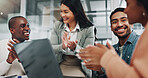 Office, applause and business people in meeting on laptop for teamwork, collaboration and celebration. Corporate, diversity and happy men and women clapping hands for success, promotion and good news