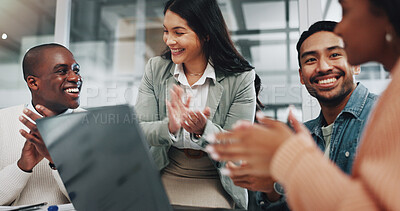 Buy stock photo Office, applause and business people in meeting on laptop for teamwork, collaboration and celebration. Corporate, diversity and happy men and women clapping hands for success, promotion and good news