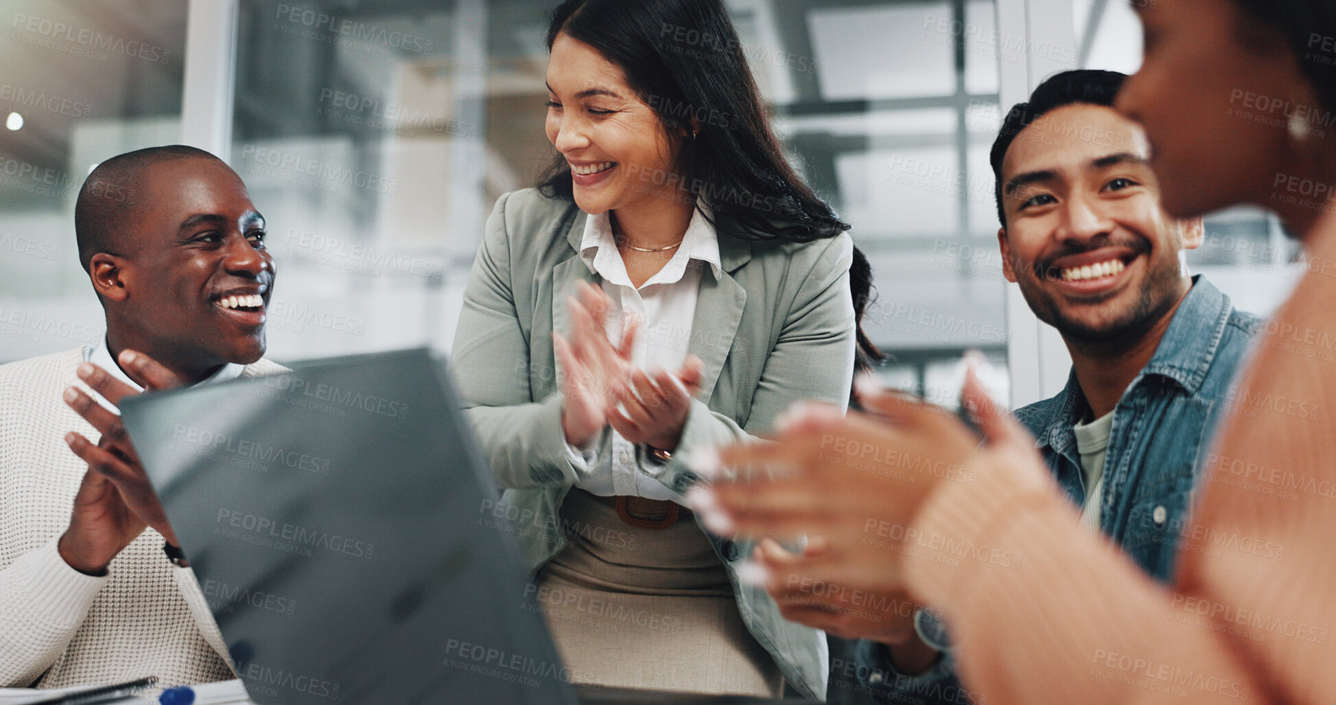 Buy stock photo Office, applause and business people in meeting on laptop for teamwork, collaboration and celebration. Corporate, diversity and happy men and women clapping hands for success, promotion and good news