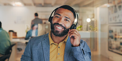 Buy stock photo Customer service, call center and portrait of man at night for telemarketing, communication and helping client. Office, talking and face of person with headset for contact, crm support and consulting