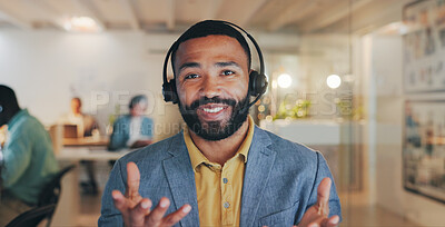 Buy stock photo Customer service, talking and portrait of man in call center for telemarketing, communication and help. Office, night and face of person with headset for video conference, crm support and consulting