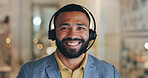Happy man, portrait and call center with headphones for online advice, customer service or telemarketing at office. Male person, agent or consultant with smile or headset for help, support or CRM