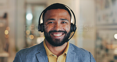 Buy stock photo Happy man, portrait and call center with headphones for online advice, customer service or telemarketing at office. Male person, agent or consultant with smile or headset for help, support or CRM