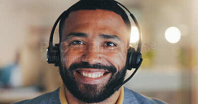 Buy stock photo Happy man, portrait and call center with headphones for customer service, telemarketing or online advice at office. Male person, agent or consultant with smile or headset for help, support or CRM