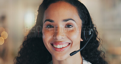 Buy stock photo Customer support, call center and portrait of woman with smile for online agent, communication and help. Office, happy and person with headset for contact, crm service and consulting in New Zealand