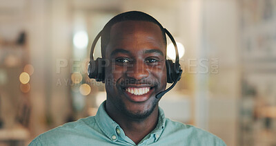 Buy stock photo Customer service, call center and portrait of African man with smile for telemarketing, communication and help. Office, happy and person with headset for contact, crm support or consulting in Nigeria