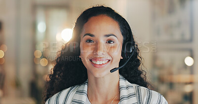 Buy stock photo Customer service, call center and portrait of woman with smile for online agent, communication and help. Office, happy and person with headset for contact, crm support and consulting in New Zealand